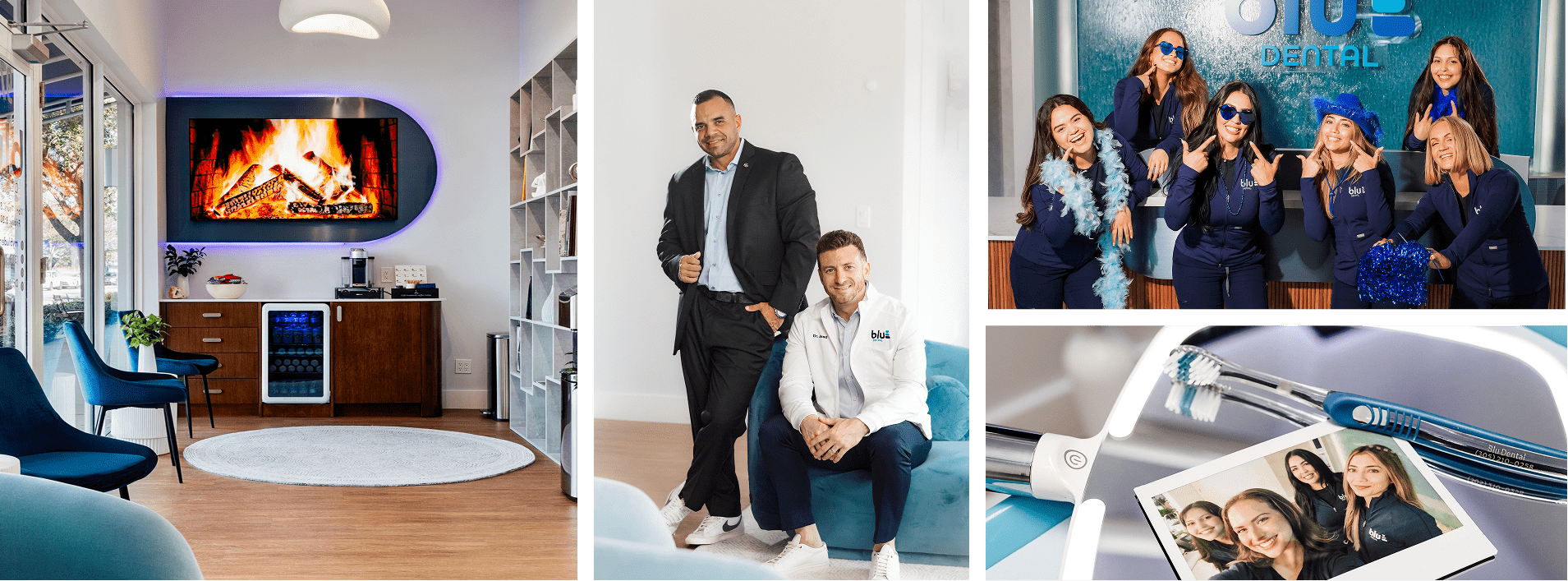 Experience Exceptional Dentistry Care in Miami Shores, FL. Blu Dental collage of a team and dentists photos all smiling and happy