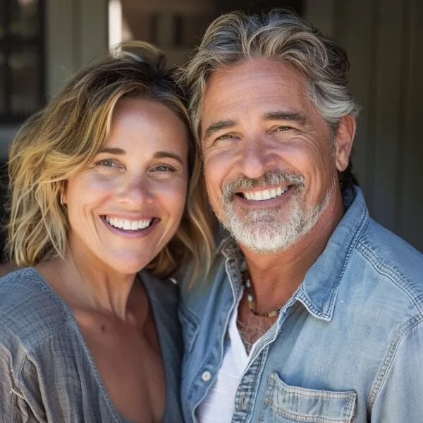 A middle age couple smiing happily